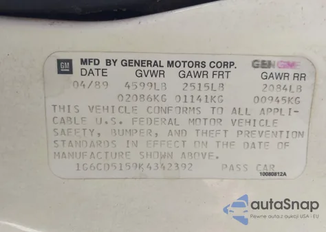 1989 Cadillac Deville из США, поврежденный, VIN 1G6CD5159K4342392